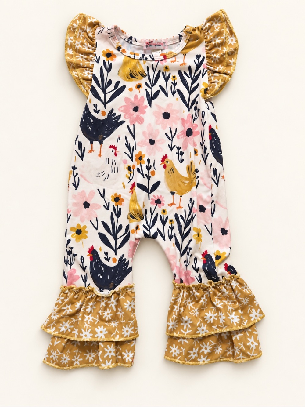 Girls Floral & Farm Animal Ruffle Romper in Mustard and Pink